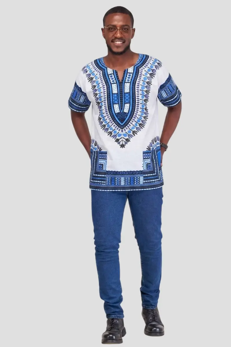 White & Blue Dashiki Shirts - Men