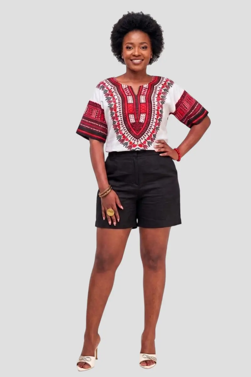 White & Red Dashiki Shirts - Women